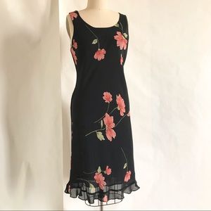 STUDIO I | Shift Dress Ruffled Black Coral Floral Print Sleeveless Size 10